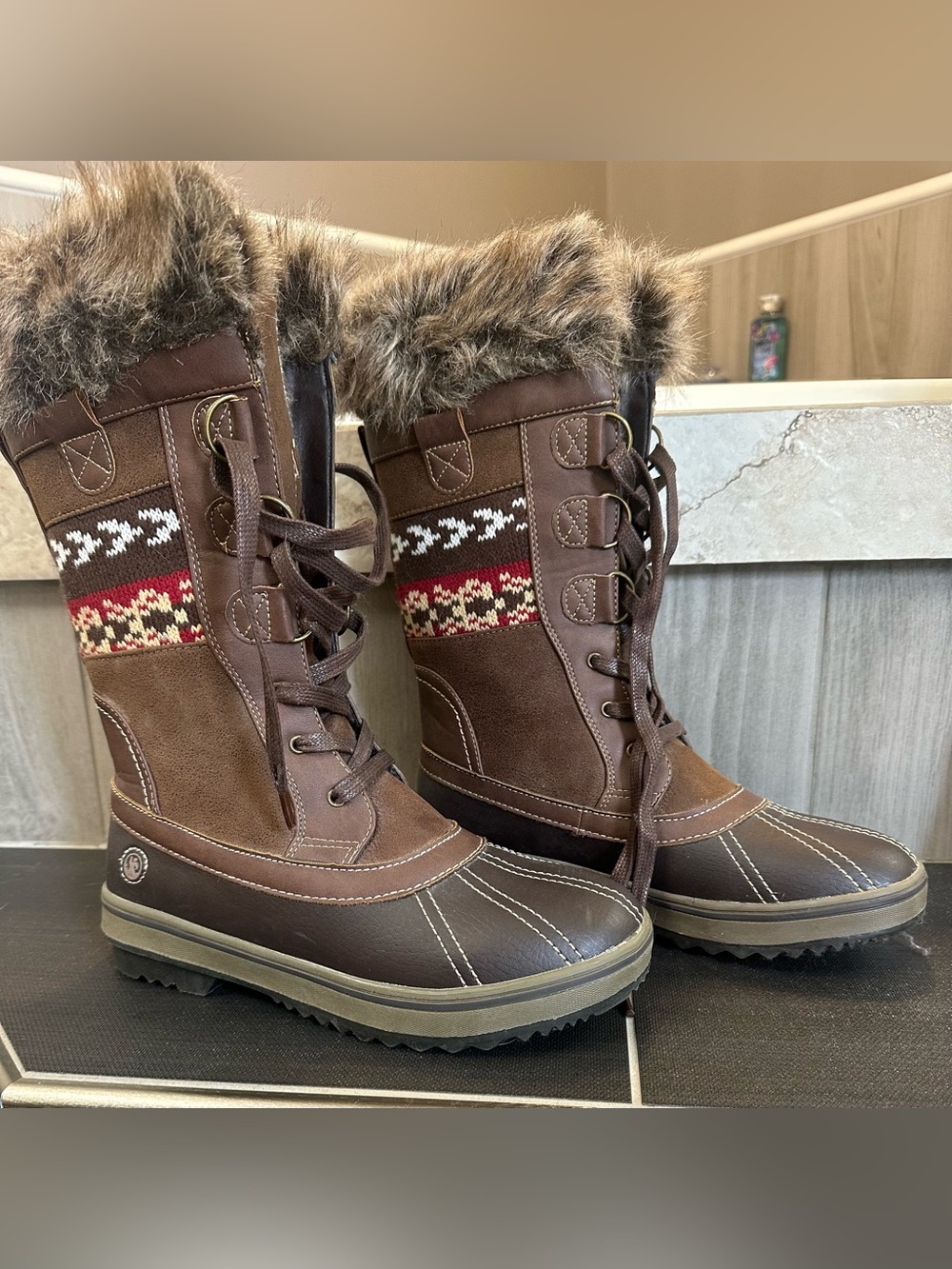 Northside- Cozy Brown Faux-Fur Lace-Up Winter Boots with Knit Accent
